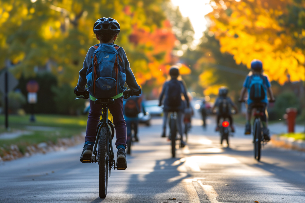 A group of children riding bicycles down a street with autumn-coloured trees in the background.